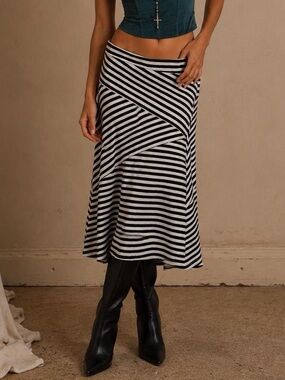 Striped A-Line Midi Skirt in Black and White